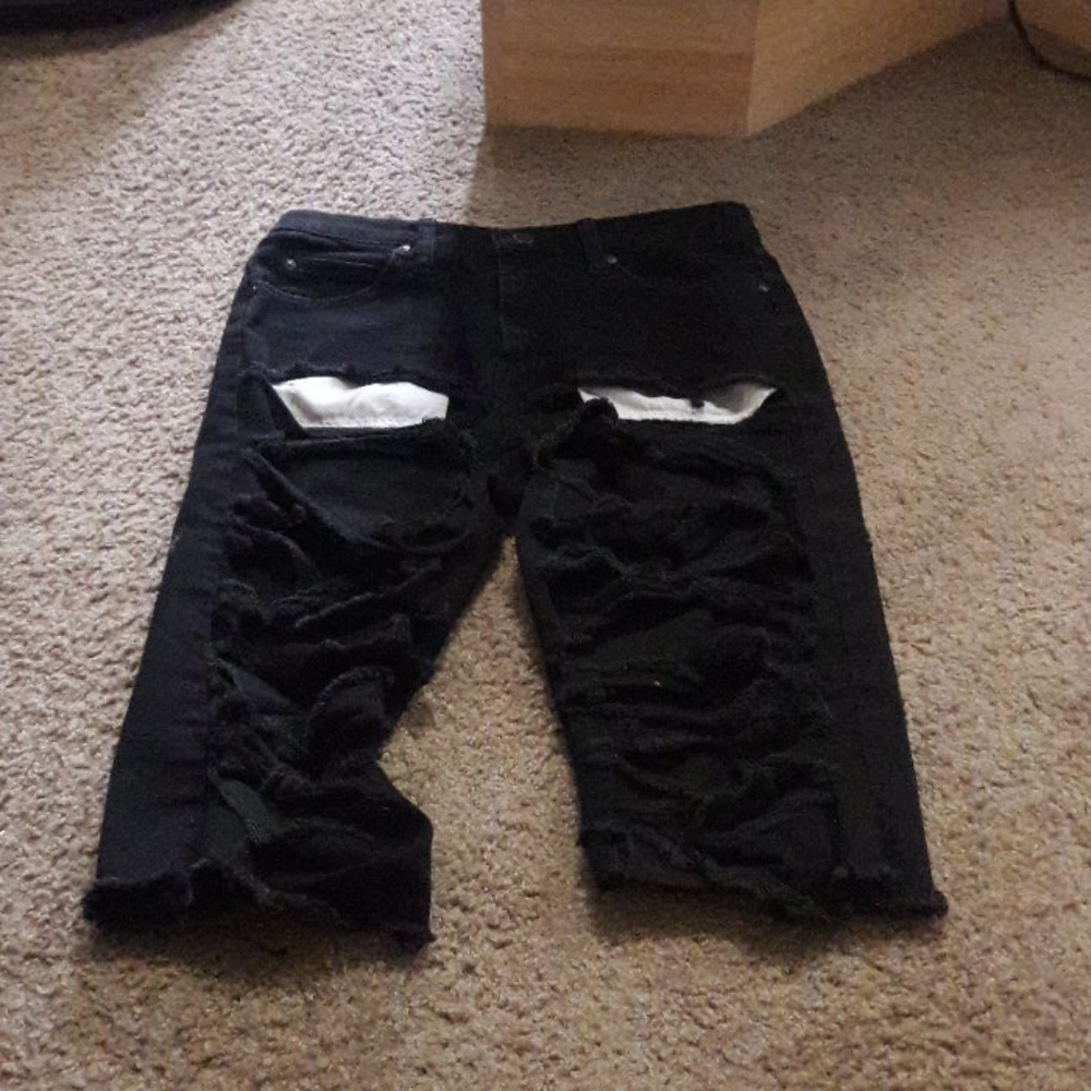 Black custom distressed shorts